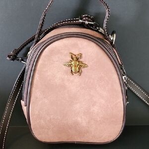 New Rose Gold / Brown Suedeish Crossbody Bag with Gold Bee Accent *unused